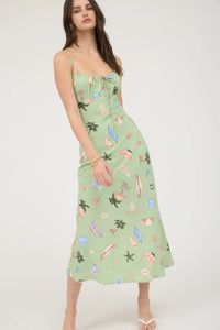 Summer Print Front Tie Spaghetti Midi Dress