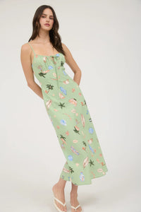 Summer Print Front Tie Spaghetti Midi Dress