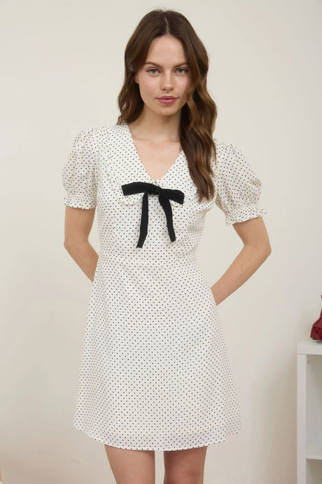 Polka Dot Collared Velvet Tie Mini Dress