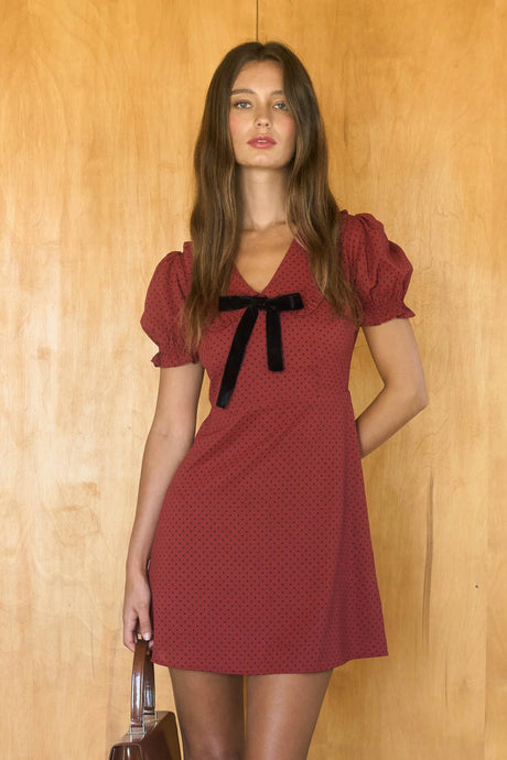 Polka Dot Collared Velvet Tie Mini Dress