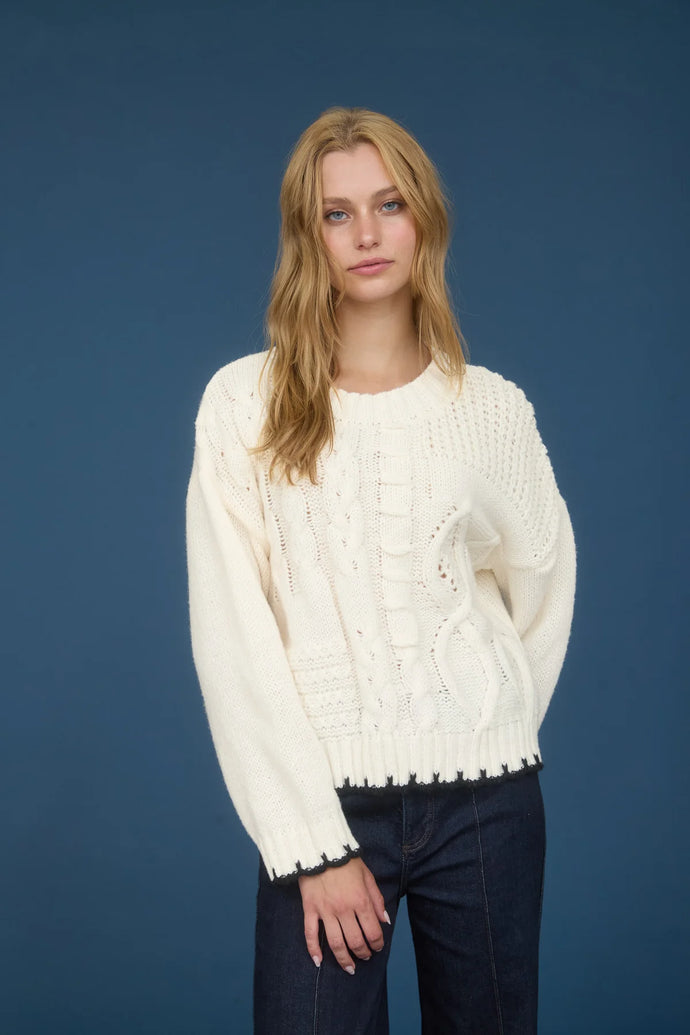 Cable Knit Pattern Contrast Stitch Detail Sweater