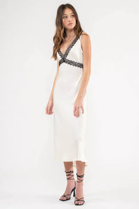 Contrast Lace Trim Satin Midi Dress
