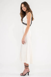 Contrast Lace Trim Satin Midi Dress