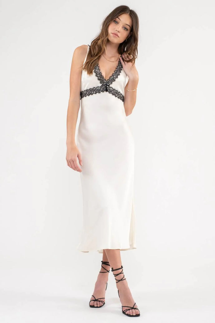 Contrast Lace Trim Satin Midi Dress