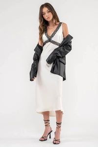 Contrast Lace Trim Satin Midi Dress