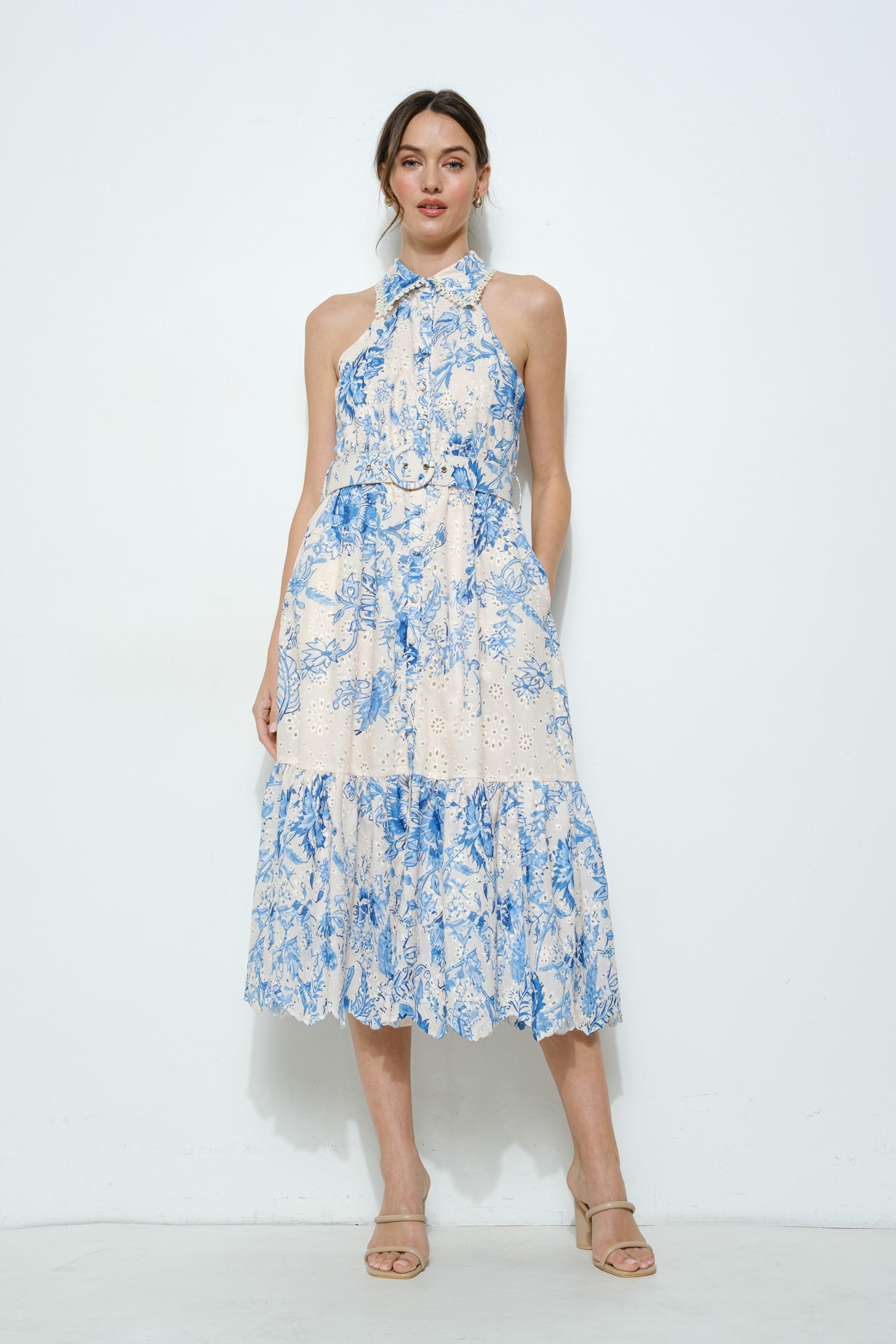 Floral Eyelet Halter Midi Dress Gusset America Floral Eyelet Halter Midi Dress Gusset America
