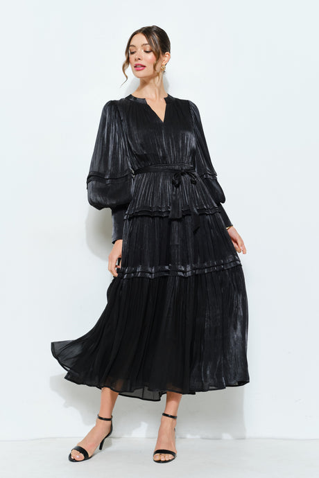 Shimmer Crinkled Long Sleeve Tiered Midi Dress