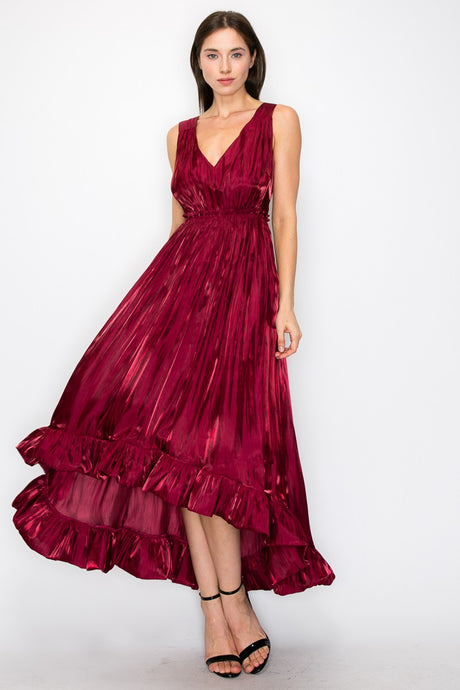 Satin Sleeveless V Neck Ruffle Midi Dress