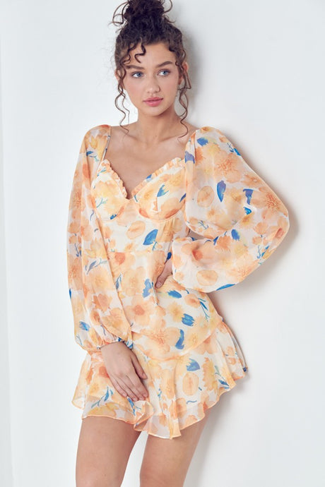 Bustier Ruffled Neck Long Sleeve Mini Dress
