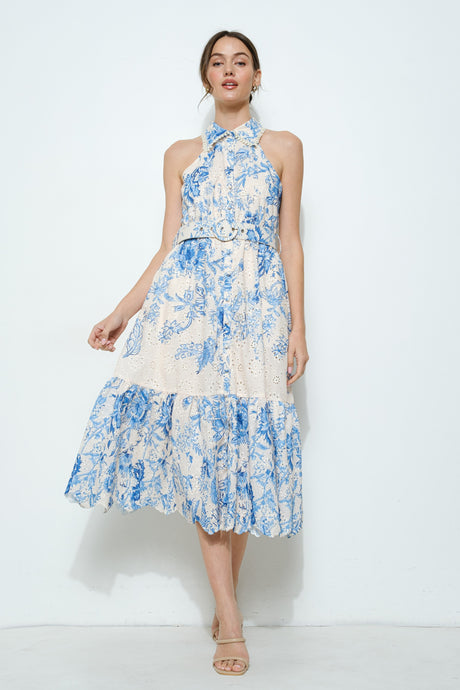 Floral Eyelet Halter Midi Dress