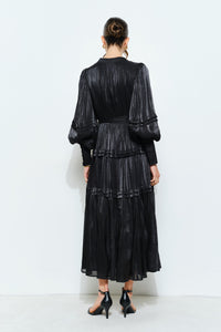 Shimmer Crinkled Long Sleeve Tiered Midi Dress