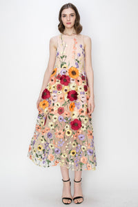 Sleeveless Floral Embroidered Midi Dress