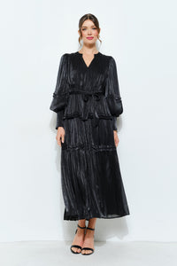 Shimmer Crinkled Long Sleeve Tiered Midi Dress