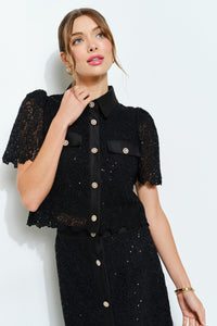 Puff Short Sleeve Pearl Button Lace Shirt