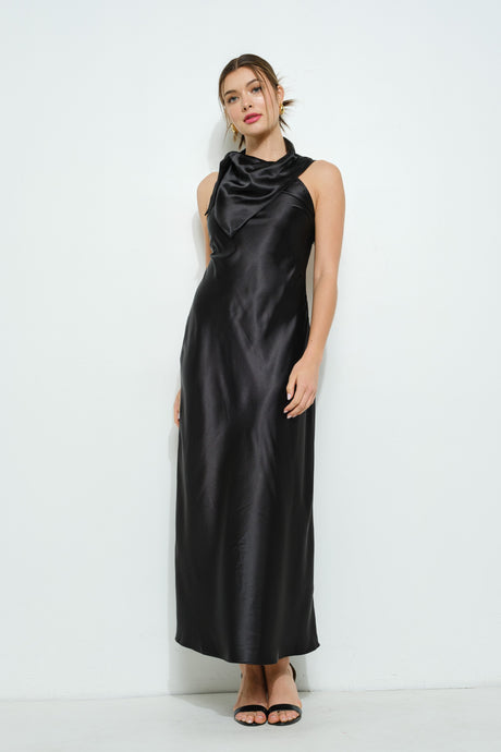 Satin Sleeveless Knot-drape Halter Maxi Dress