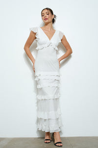 Ruffle V-neck Cap Sleeve Tiered Maxi Dress