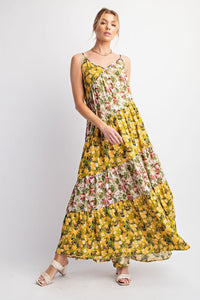 Printed Gauze Color-Block Maxi Dress