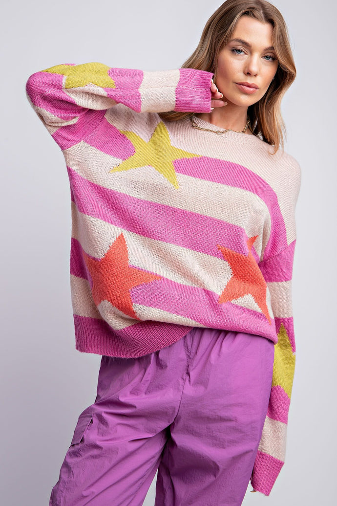 Long Sleeve Stripe and Star Patter Sweater