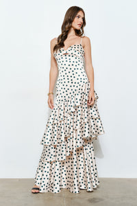 Satin Polka Dot Tiered Ruffle Maxi Dress