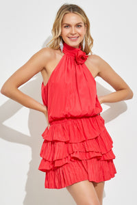 High Neck Flower Ruffle Mini Dress