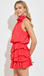 High Neck Flower Ruffle Mini Dress