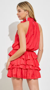 High Neck Flower Ruffle Mini Dress
