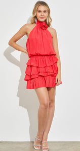 High Neck Flower Ruffle Mini Dress
