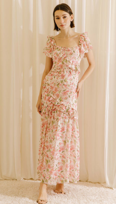 Pink Floral and White Embroidered Flower Print Ruffled Maxi Dress