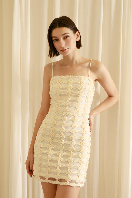 Monochromatic 3D Floral Bodycon Mini Dress