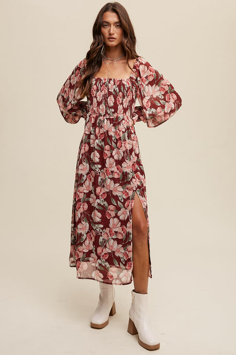 Floral Print Smocked Square Neck Maxi Dress