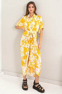 Floral Print Tie Front Pleated Shirt Dress