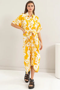 Floral Print Tie Front Pleated Shirt Dress