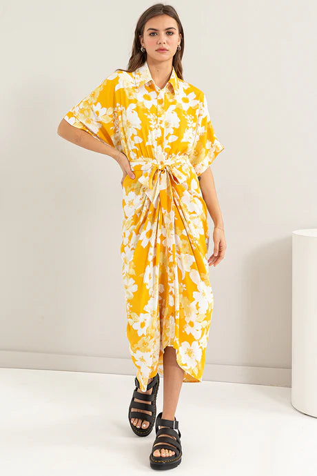 Floral Print Tie Front Pleated Shirt Dress