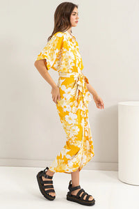 Floral Print Tie Front Pleated Shirt Dress