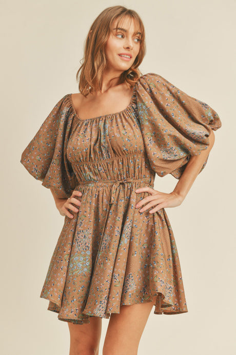 Smocked Body With Bubble Sleeve Flared Mini Dress