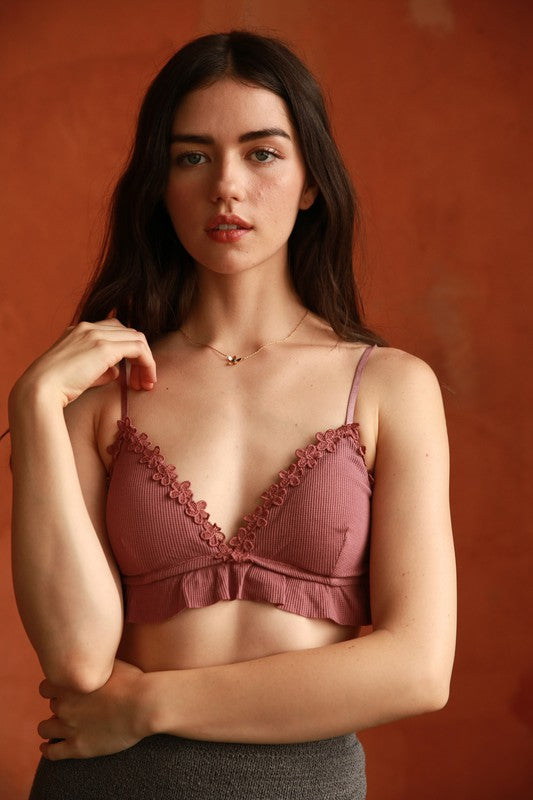 Stretch Rib Bralette with Floral Crochet Lace