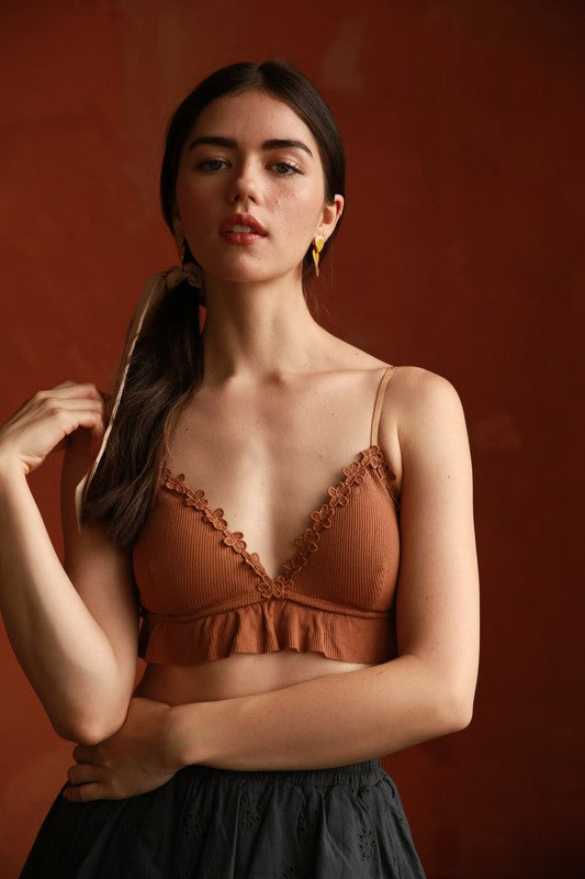 Stretch Rib Bralette with Floral Crochet Lace