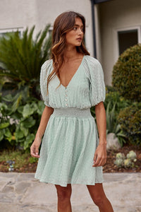 Smocked Waist Open Back Short Sleeve Mini Dress