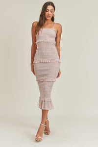 Floral Print All Smocking Detailed Midi Long Dress