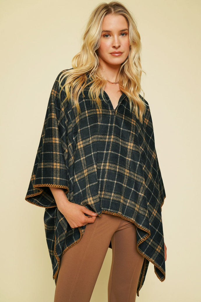Plaid Zip-Up Poncho