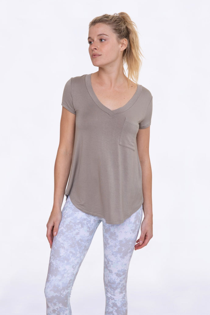 Long Line Deep V-neck Pocket Shirt-Cement