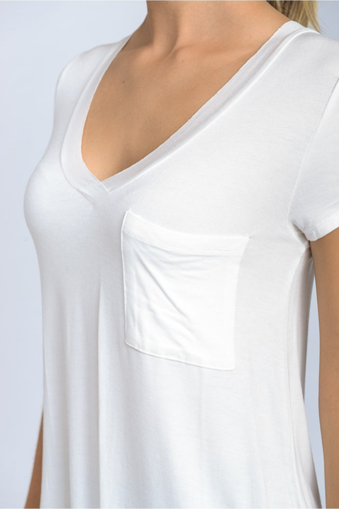 Long Line Deep V-neck Pocket Shirt-White