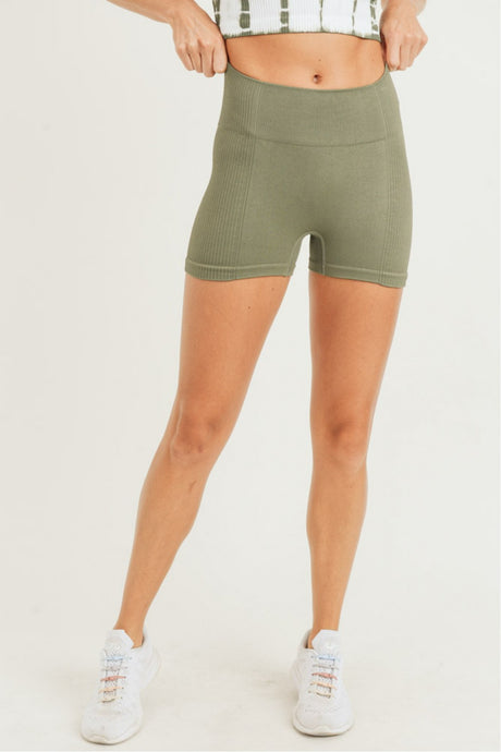 Ribbed & Smooth Combo Seamless Shorts-Olive