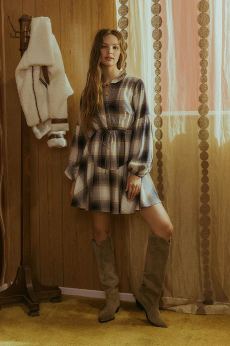 Split Neckline Long Sleeve Front Tie Plaid Mini Dress