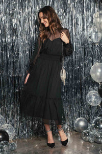 Mock Neck Sheer Midi Dress