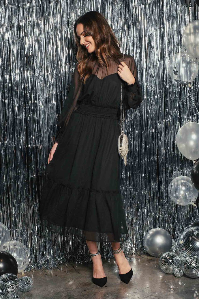 Mock Neck Sheer Midi Dress