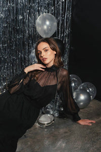 Mock Neck Sheer Midi Dress