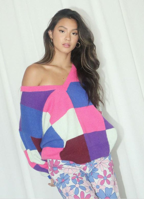 Oversized Color Block V-Neck Sweater Pullover