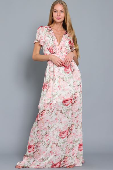 Short Sleeve Ruffle Neck Cut Out Waisted Maxi Dress