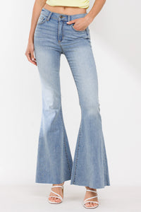 High Rise Solid Flare Jeans With Raw Scissor Cut Hem